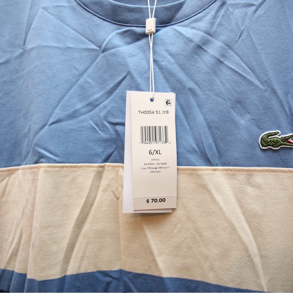 Lacoste Men's Blue and Beige Striped Tee NWT - Picture 3 of 5